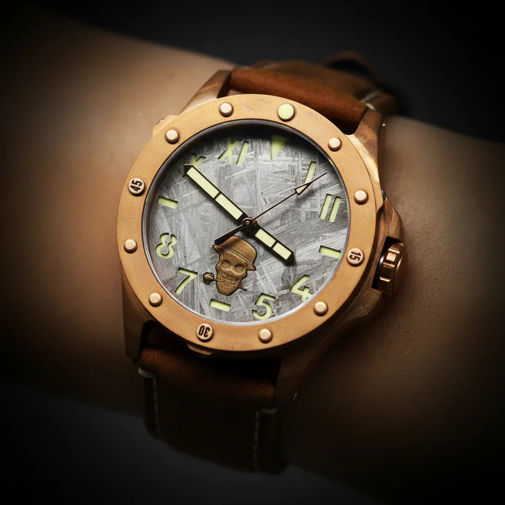 Bronze Meteorite Watch - Dark Background Wrist Shot