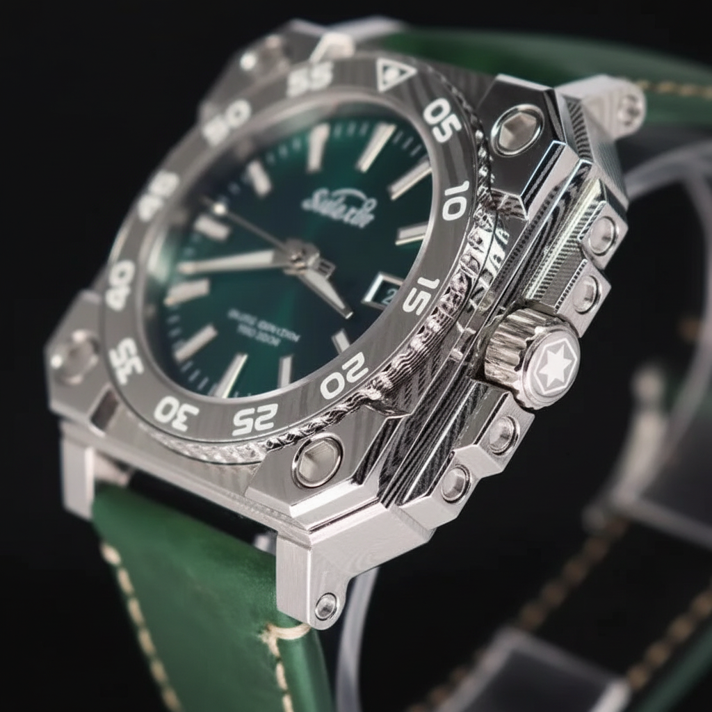 Green Dive Watch - Enhanced Metal Reflections